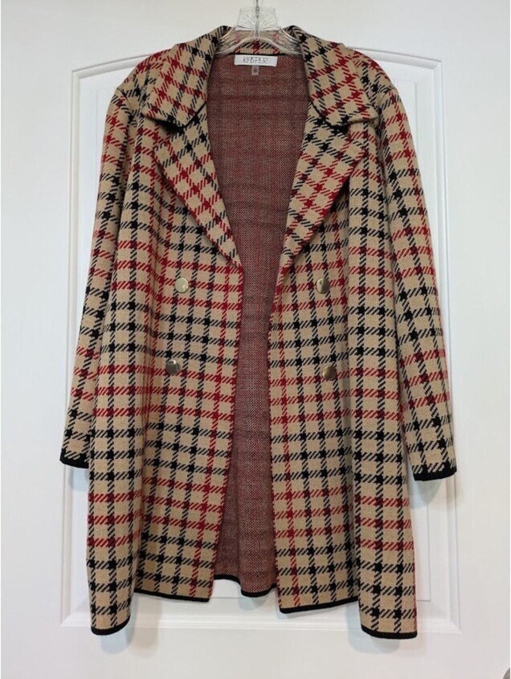 Kasper XL Blazer | NWOT | Tan • Black • Red | Gold Accent Buttons